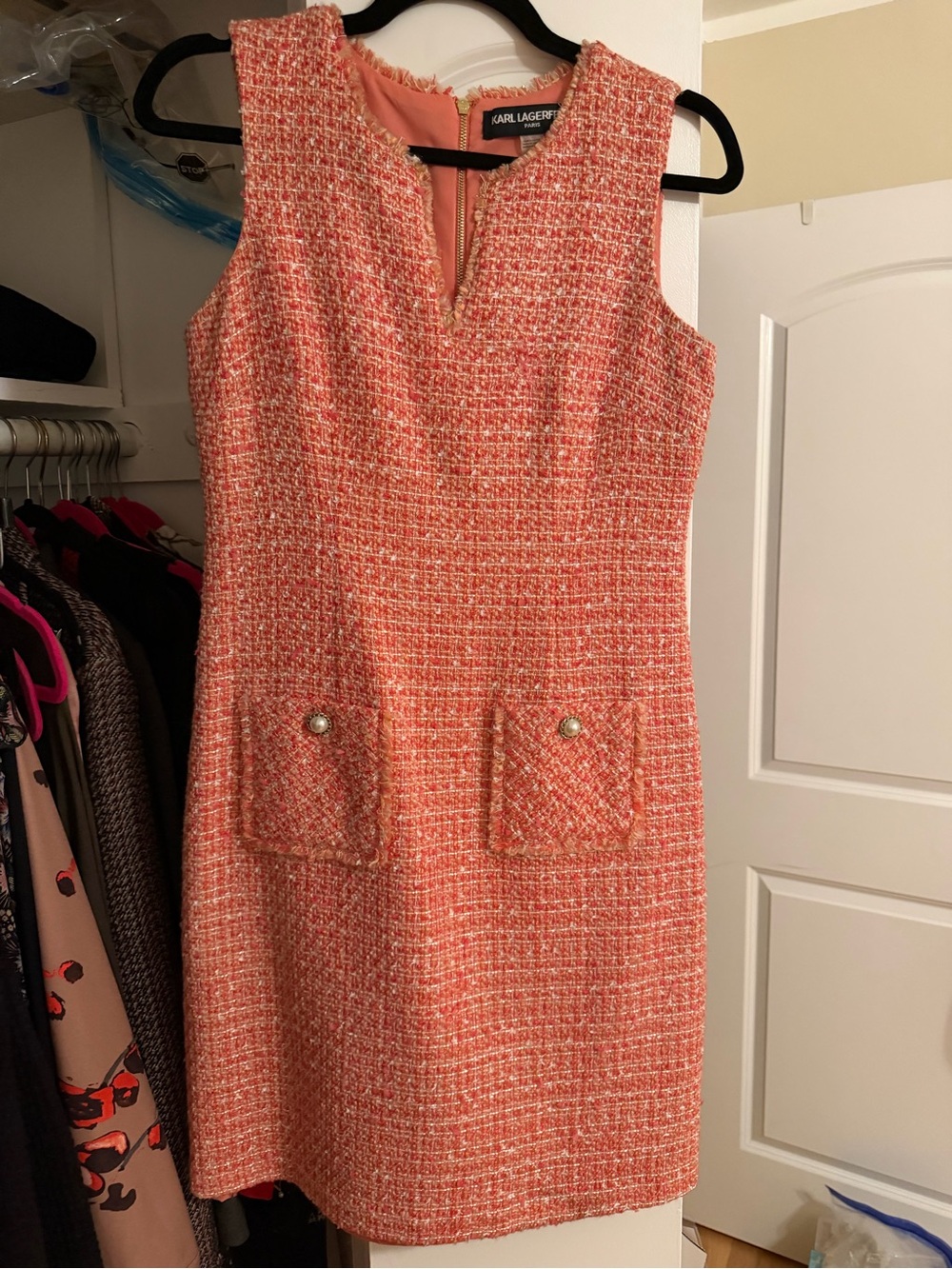 Karl Lagerfeld Coral-Peach Tweed Sheath Dress